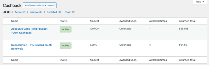 Account Funds cashback rewards list showing two active rewards with their status, amount, trigger, and total awarded
