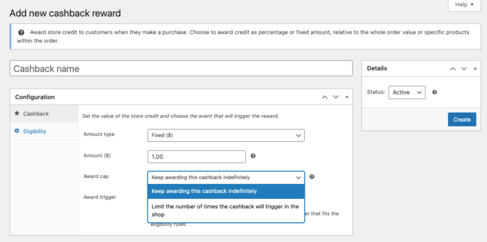 Add new cashback reward form showing amount type, amount, award cap dropdown with indefinite and limited options, and status set to Active