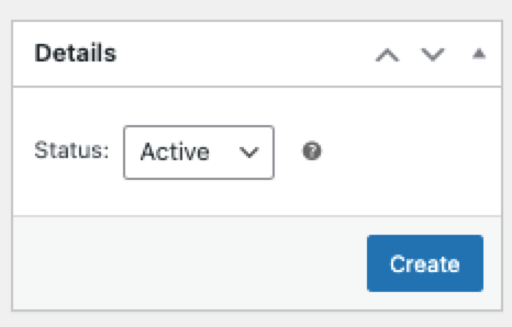 Cashback reward Details panel showing Status dropdown set to Active and Create button
