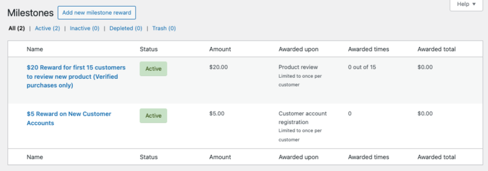 Account Funds milestone rewards list showing two active rewards for product reviews and new customer registration with their amounts and award limits