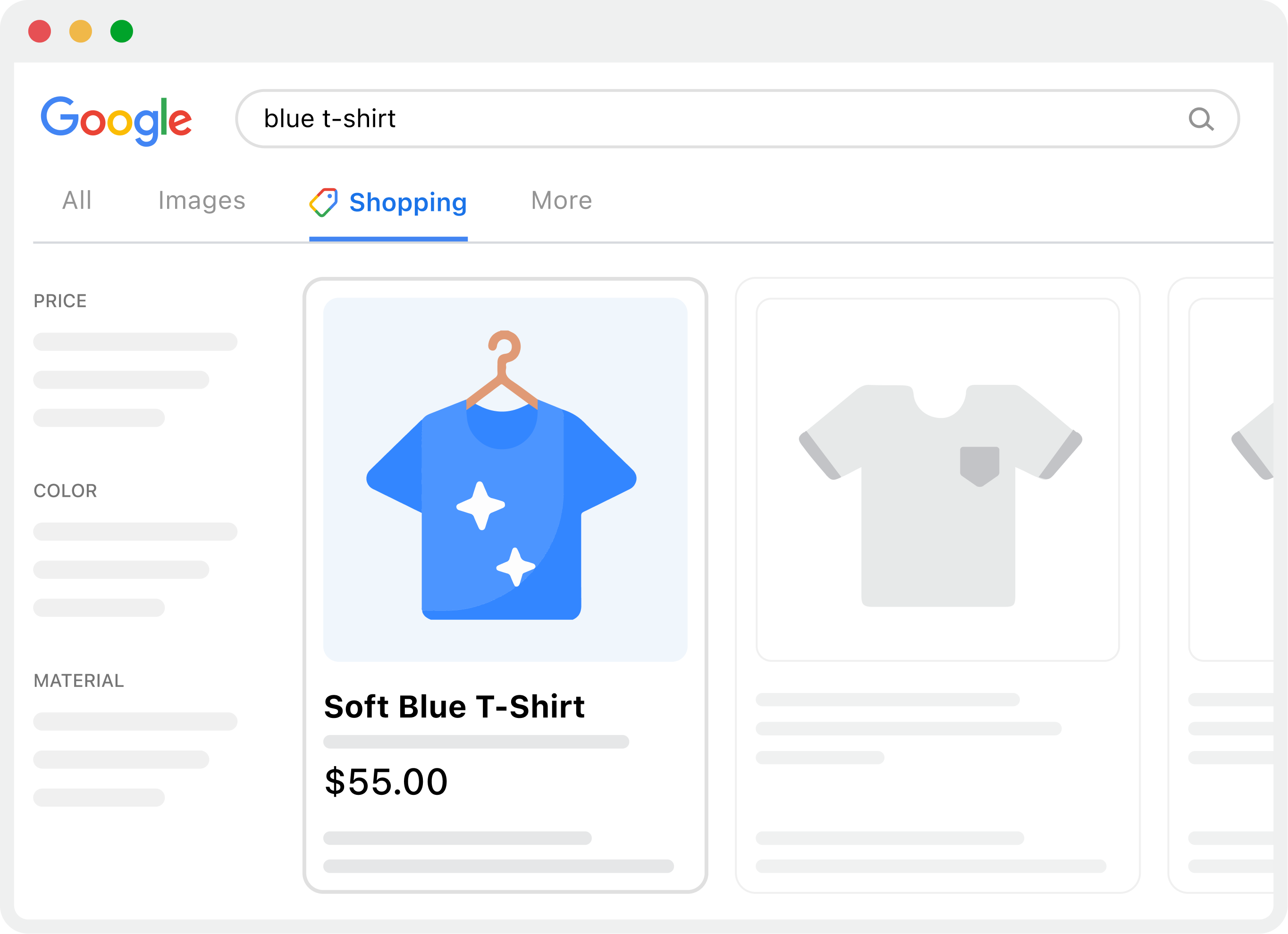 Illustrated Google product result for a blue t-shirt