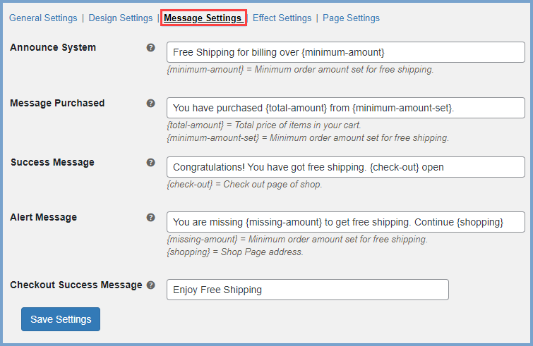 Customise shipping bar display messages