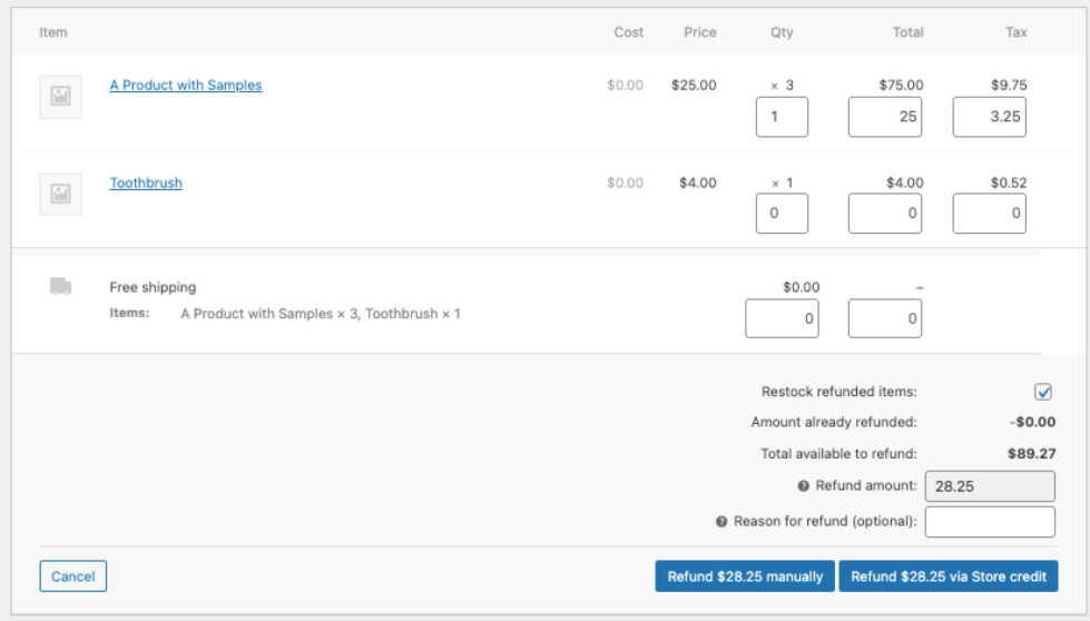 WooCommerce order refund modal showing line items, refund amount field, and buttons for Refund manually or Refund via Store credit

