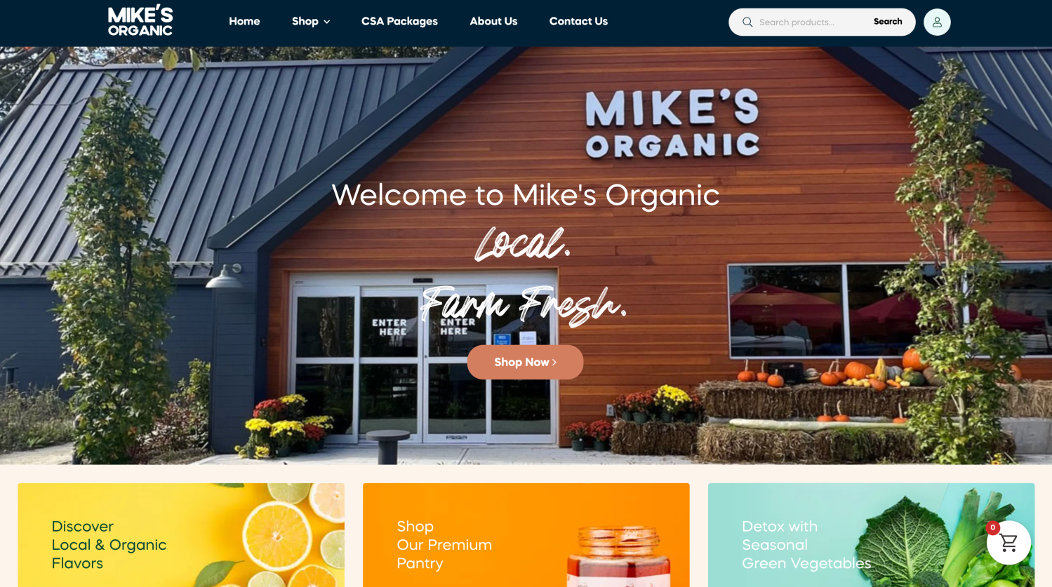 A photo of a WooCommerce website homepage, Mike's Organic