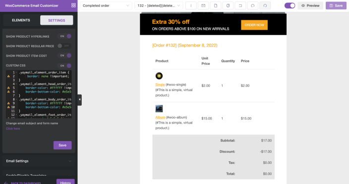 Customize woocommerce email order details row and column