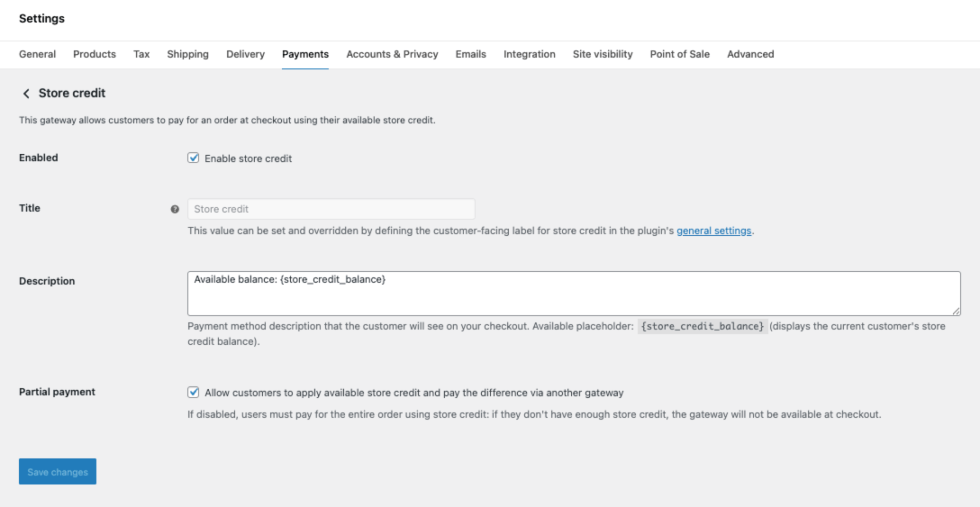 Alt text:
Store credit payment gateway settings in WooCommerce showing enabled checkbox, title, description with balance placeholder, and partial payment option enabled