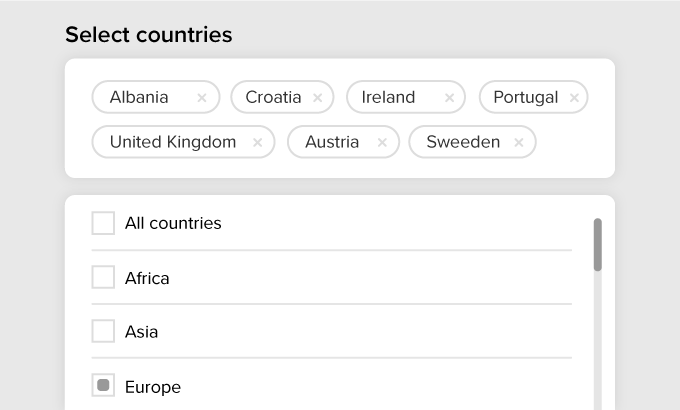 Screenshot showing country selection options within Google Listings and Ads extension