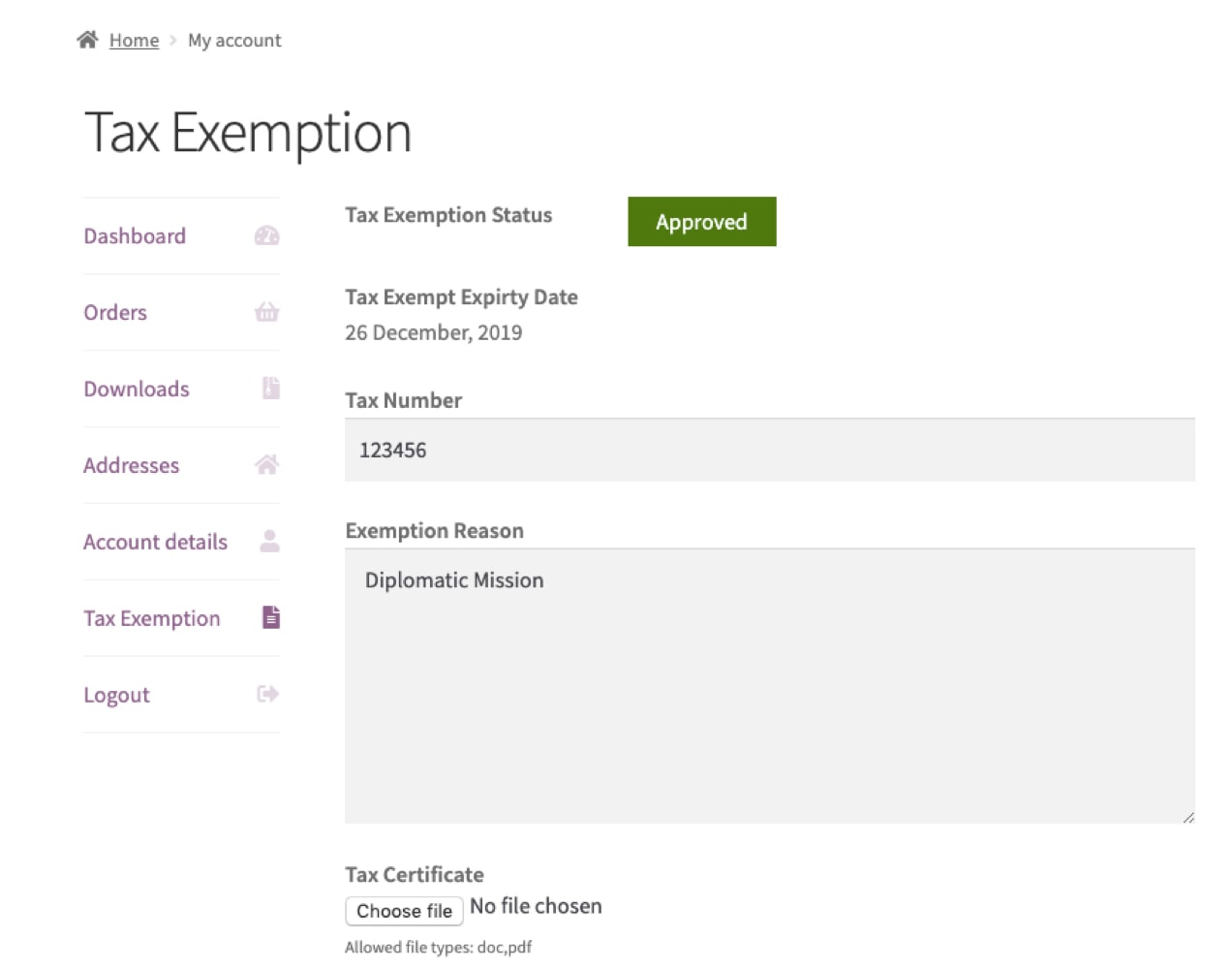 screenshot from Tax Exempt WooCommerce extension showing settings