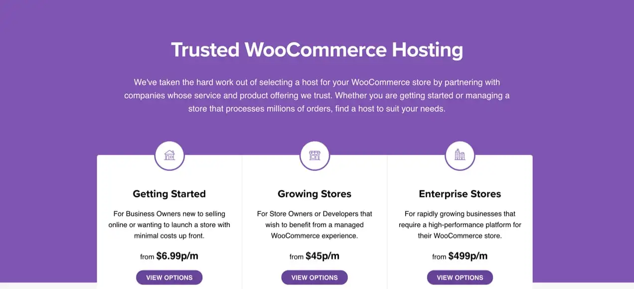 WooCommerce recommended hosting page with suggestions for stores of all sizes