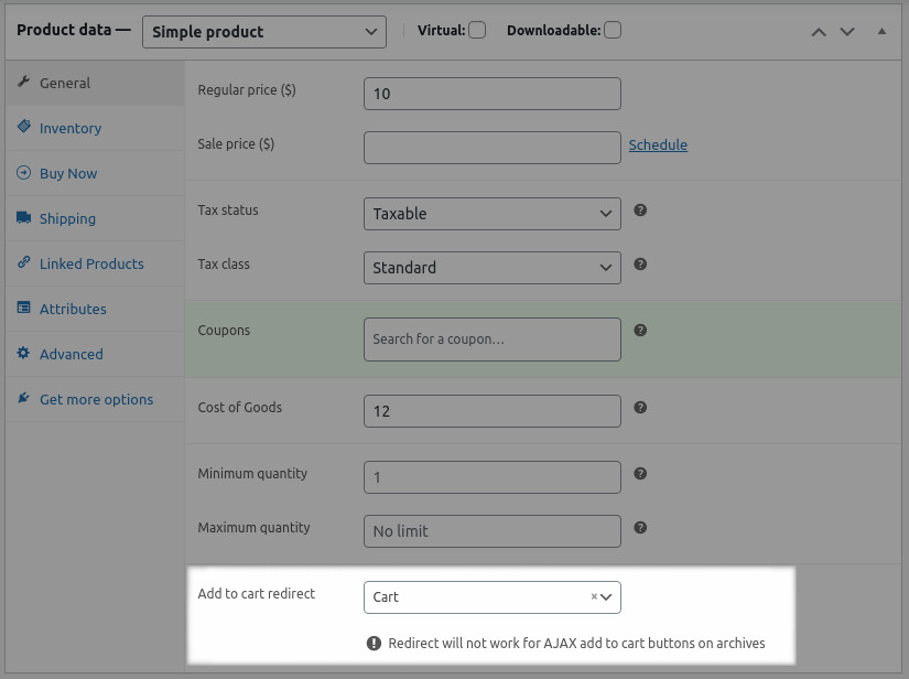 Add to cart redirect setting for simple product - Cashier