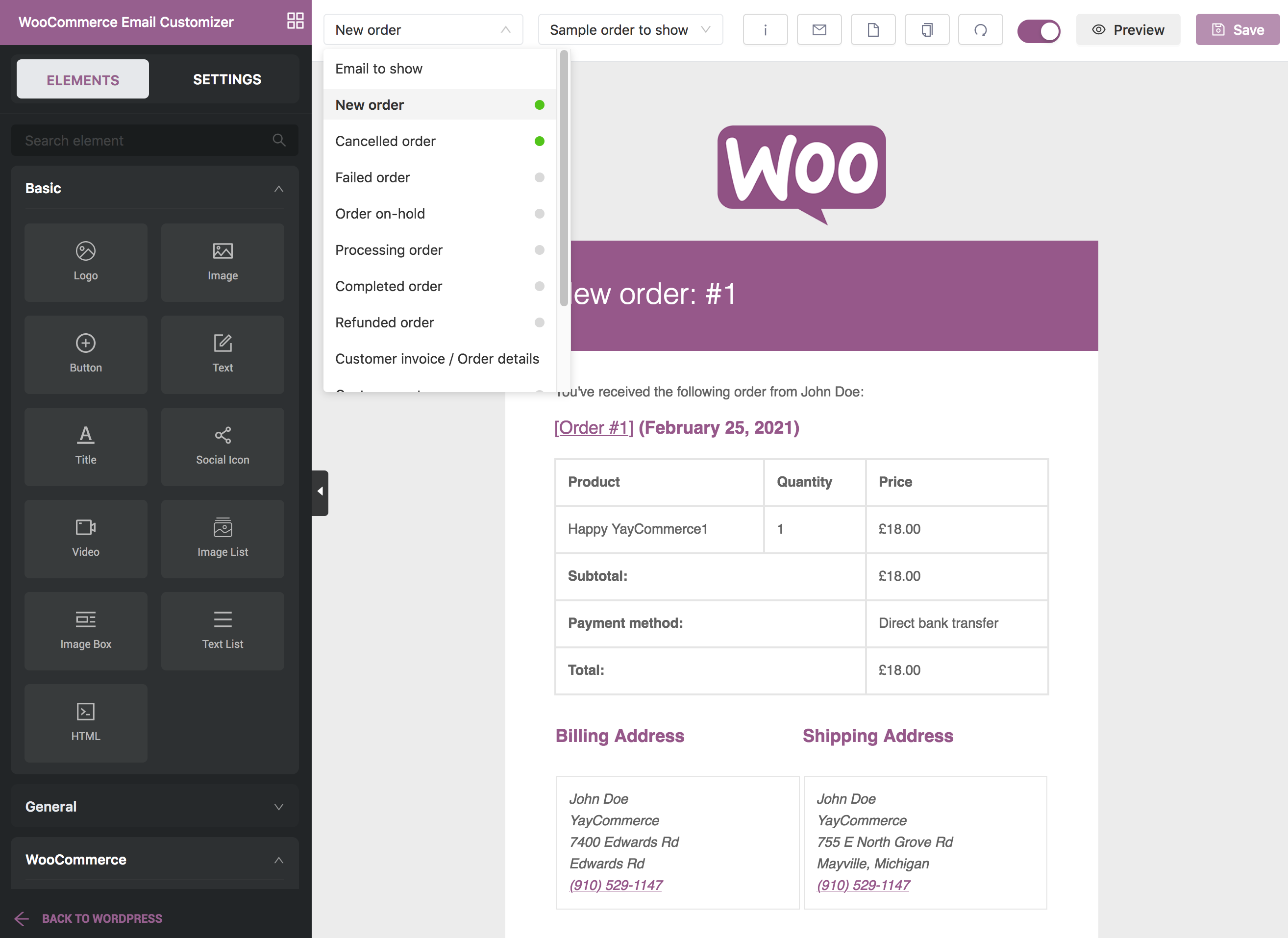 List of email templates in WooCommerce YayMail Builder