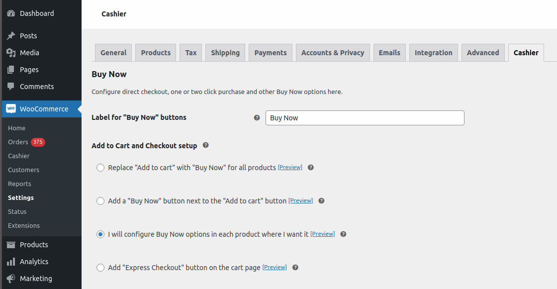 Enable direct checkout for specific products settings