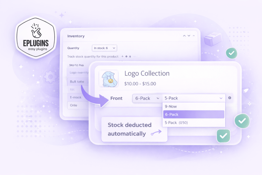 WooCommerce sell products in packs – frontend product page showing quantity variation options with accurate stock