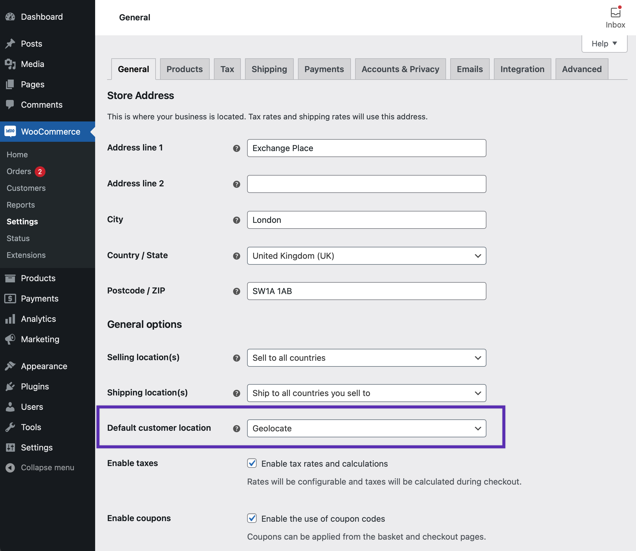 WooCommerce General Settings with a highlighted box around the setting for Default customer location, "Geolocate" is set