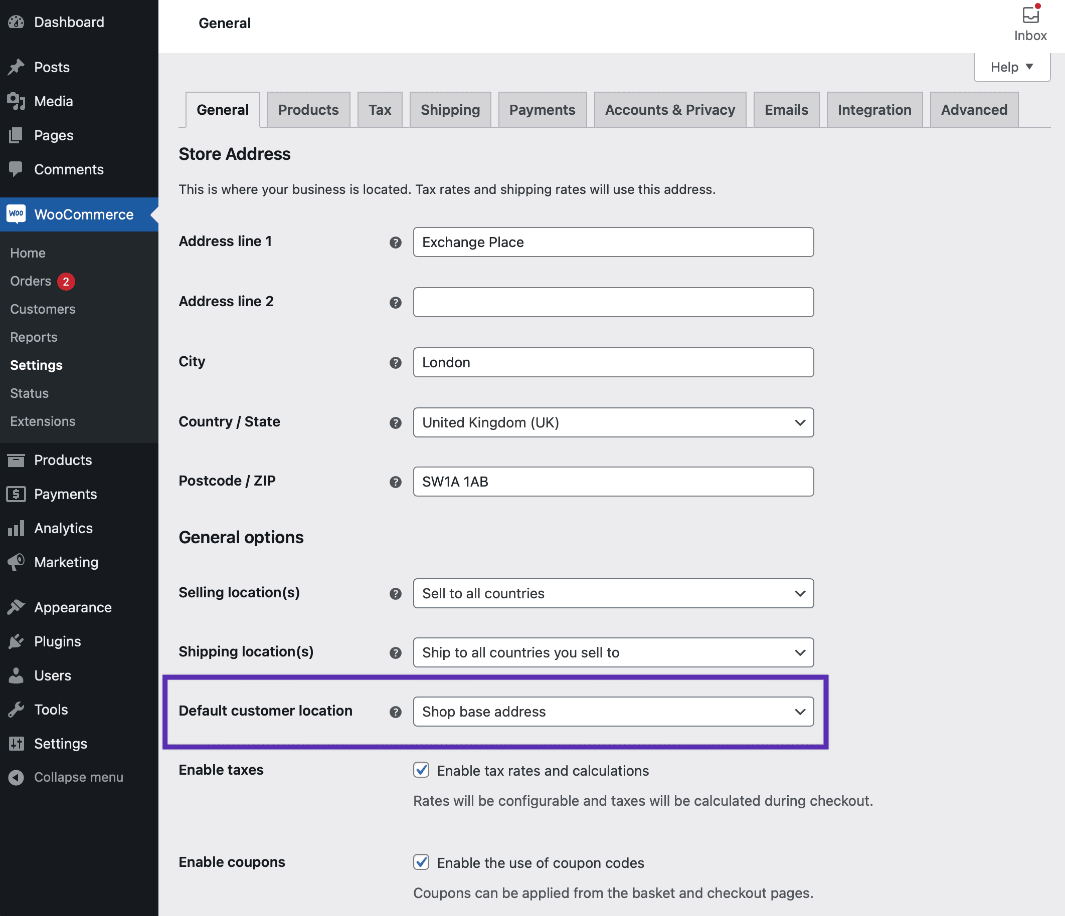 WooCommerce General Settings with a highlighted box around the setting for Default customer location, "Shop base address" is set
