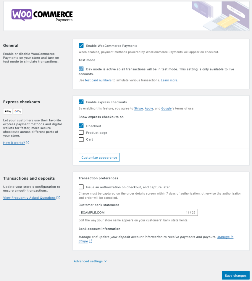 WooCommerce Payments Settings administration screen