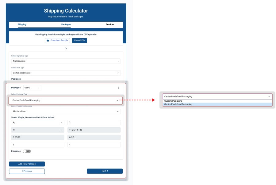 Predefined and Custom Packing Options