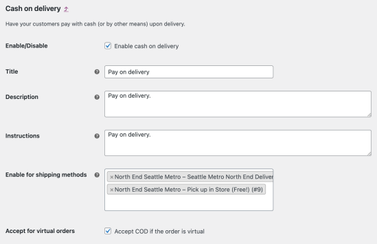 A detailed view of the Cash on delivery payment method. Sowing the Enable/Disable checkbox setting, and title, description, instruction, Enable for shipping methods text fields, and the Accept for virtual orders checkbox setting. 