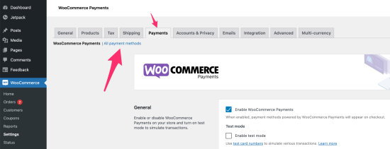 Showing the Payments tab that is accessible via WooCommerce > Settings > Payments > All payment methods. 