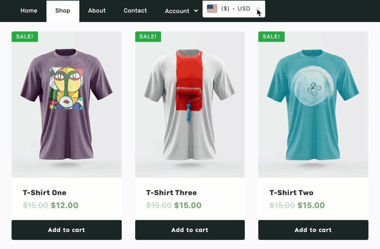 Change currency in WooCommerce currency switcher on shop page header menu