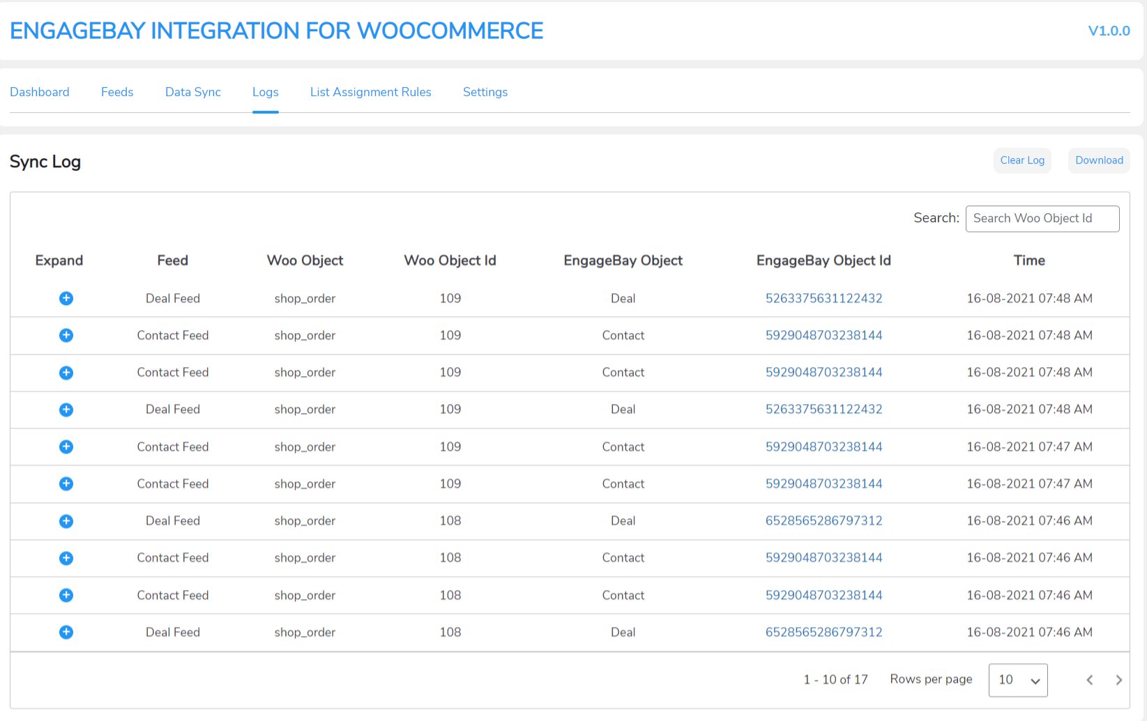 engagebay detailed sync logs