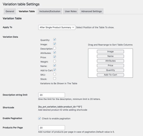 Product Variations Table Listing Documentation - WooCommerce