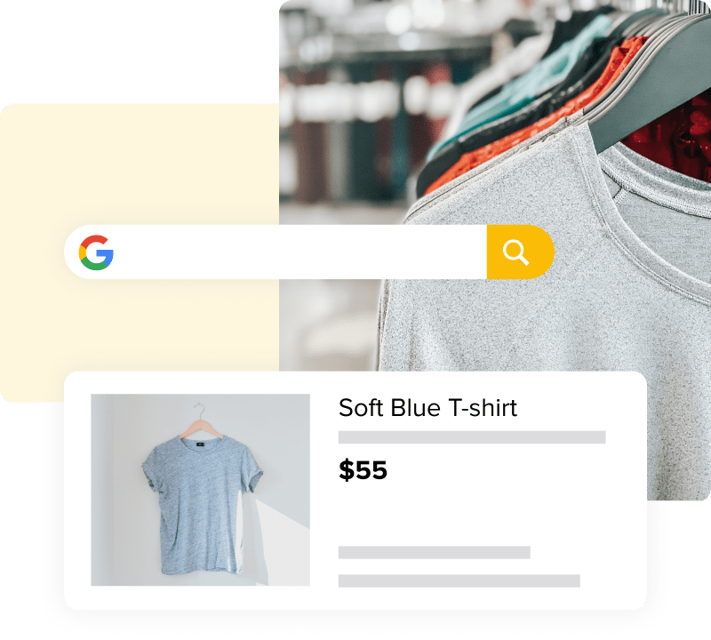 Image d’un champ de recherche et d’une publicité Google à côté d’une photo de t-shirts sur un portant.