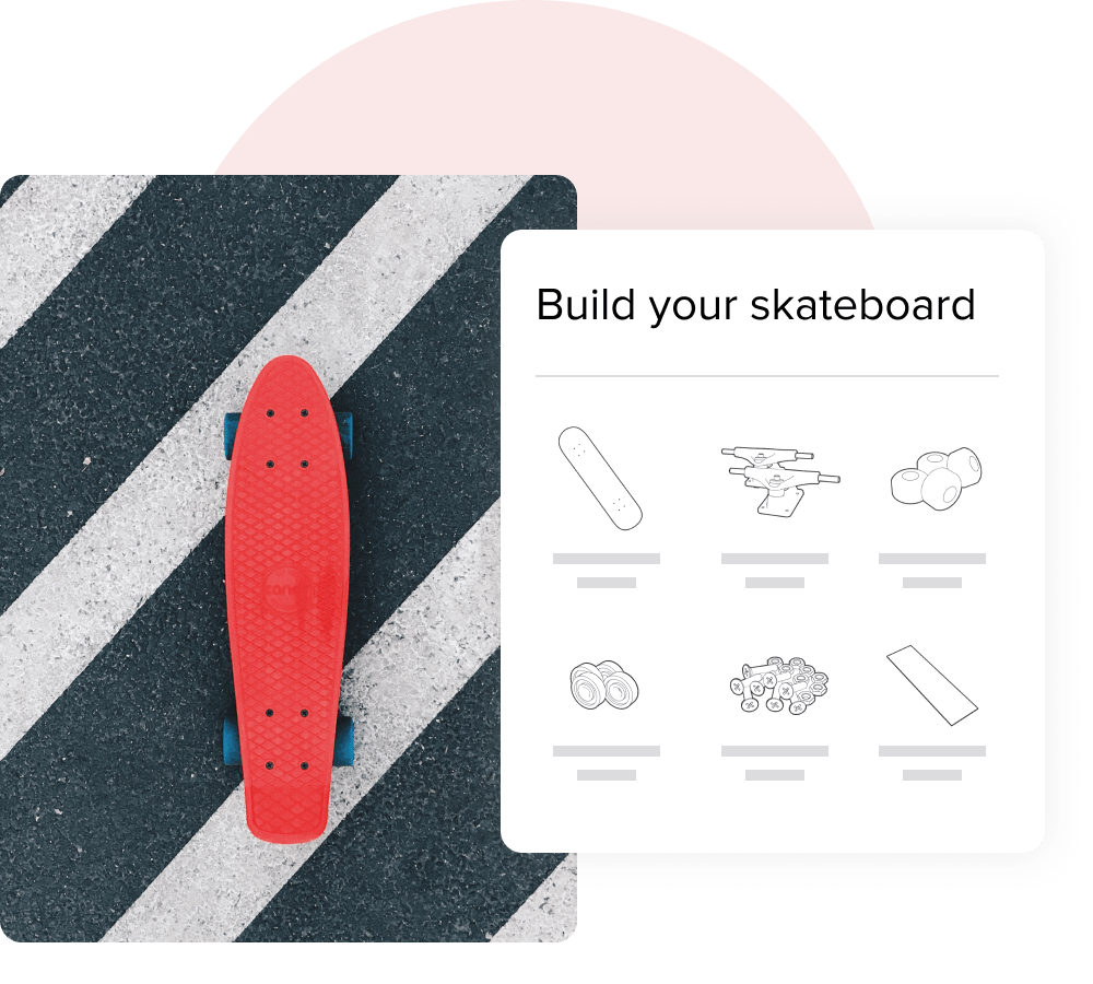 Une image montrant un générateur de kit de skateboard à côté d’une photo d’un skateboard fini.