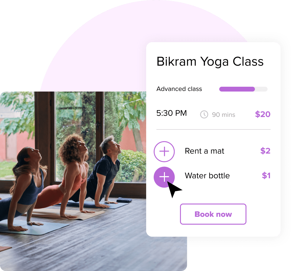 Une interface montrant un cours de yoga Bikram réservé à côté d’une photo de personnes faisant du yoga.