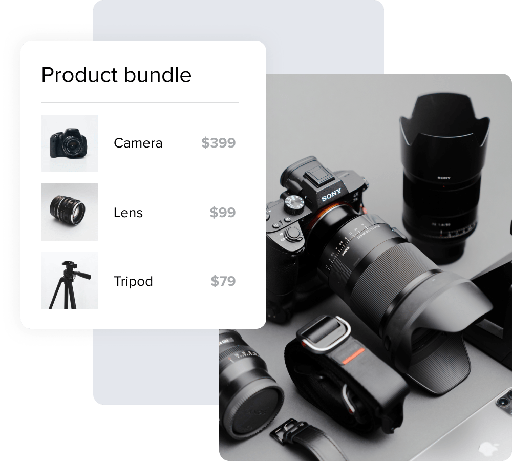 Une image affichant un lot de produits comportant un appareil photo, un objectif et un trépied à côté d’une photo de ces articles.
