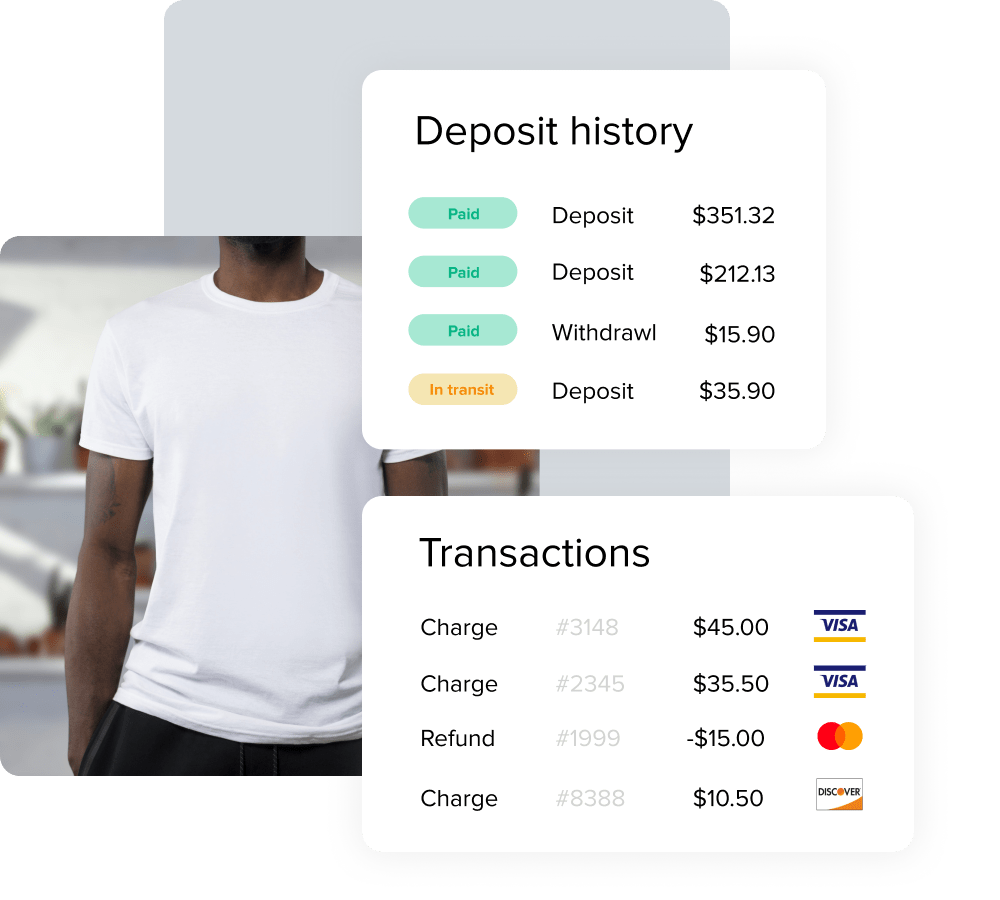 Image displaying transaction and deposit information over a product photo of a t-shirt.