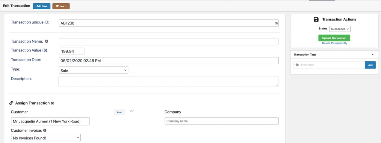 customer transaction viewed in Jetpack CRM