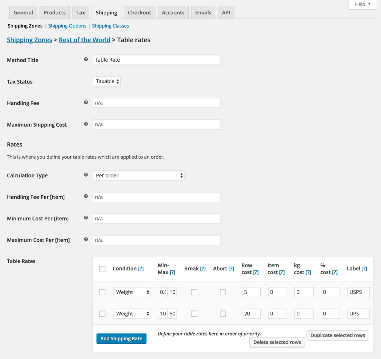 table rate shipping settings with rules based on weight