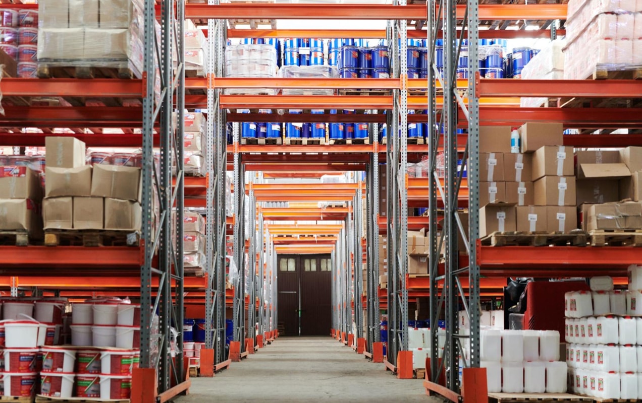 warehouse shelves full of products