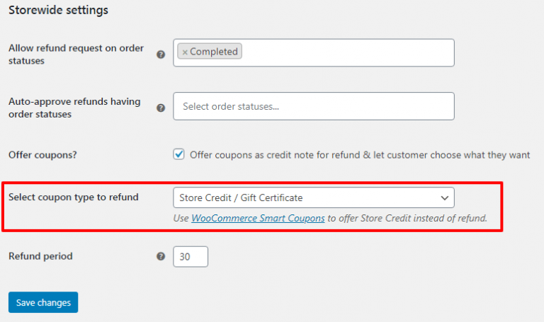 Issue store credit for a refund setting