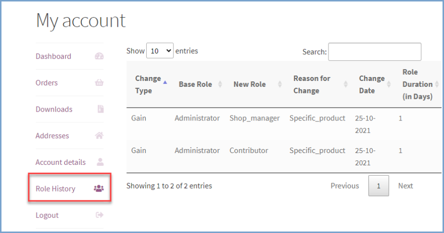 User role-switch history - Customer View