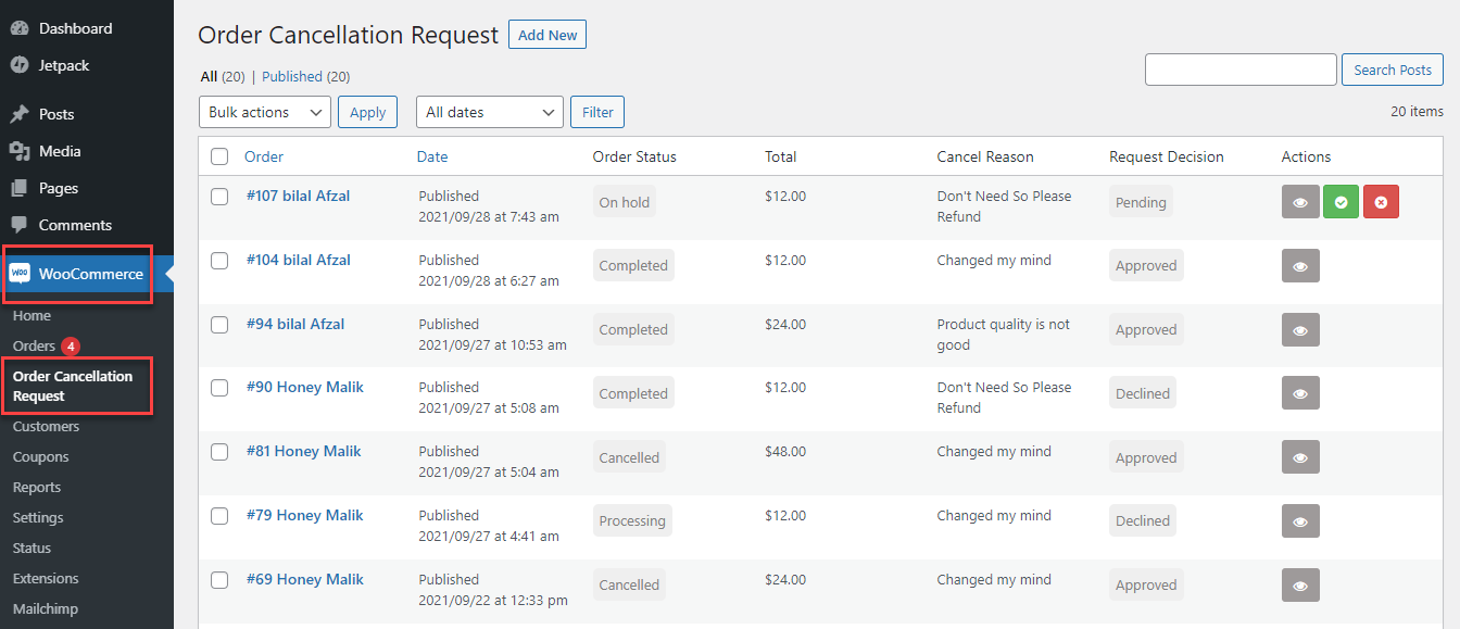 WooCommerce Customer Order Cancellation