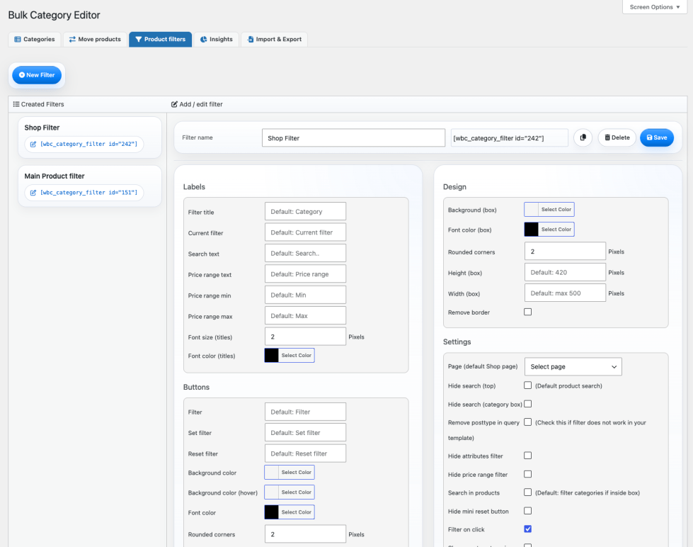 Product filters