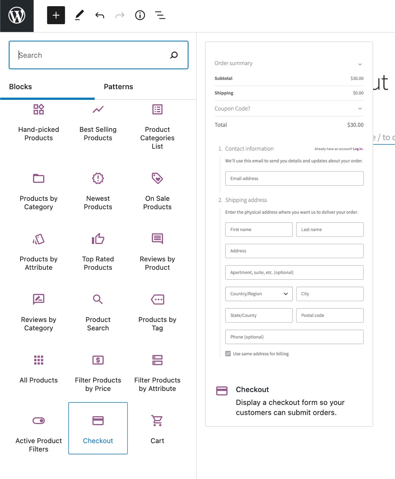 checkout block in WooCommerce