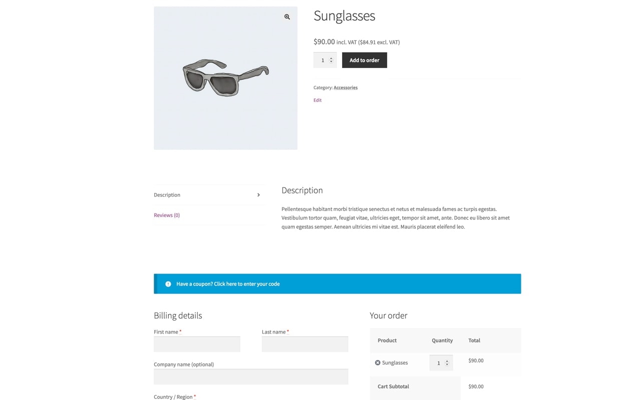 one-page checkout on a sunglasses product page