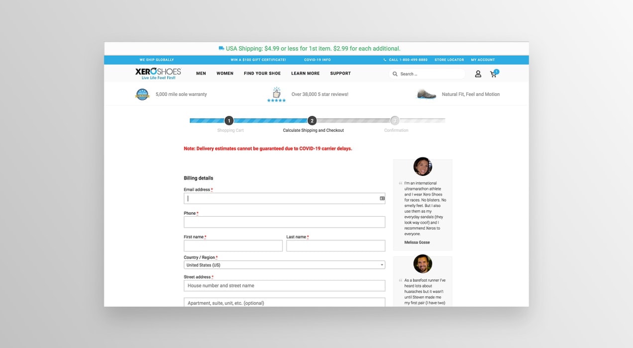 Xero Shoes checkout page