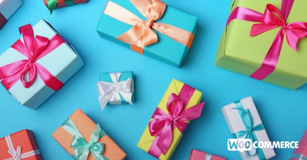 wrapped gifts in various colors on a blue background