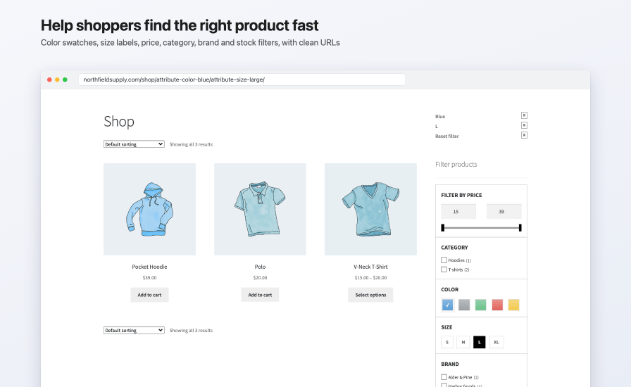 Shop page filtered by Blue and size L at /shop/attribute-color-blue/attribute-size-large/, with the active filters, a price slider, category checkboxes, color swatches, size labels, and a brand filter