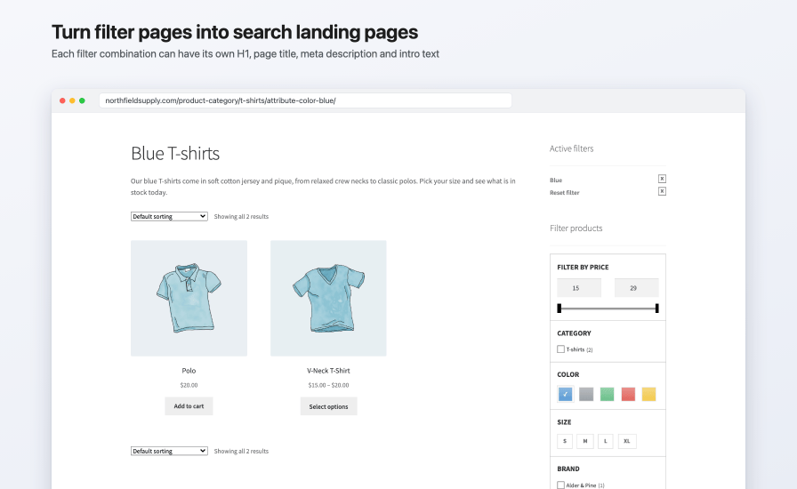 T-shirts category filtered by Blue at /product-category/t-shirts/attribute-color-blue/, with the H1 Blue T-shirts and an introduction from its SEO rule above the products