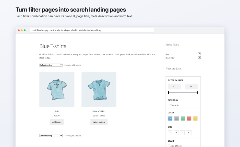 -shirts category filtered by Blue at /product-category/t-shirts/attribute-color-blue/, with the H1 Blue T-shirts and an introduction from its SEO rule above the products