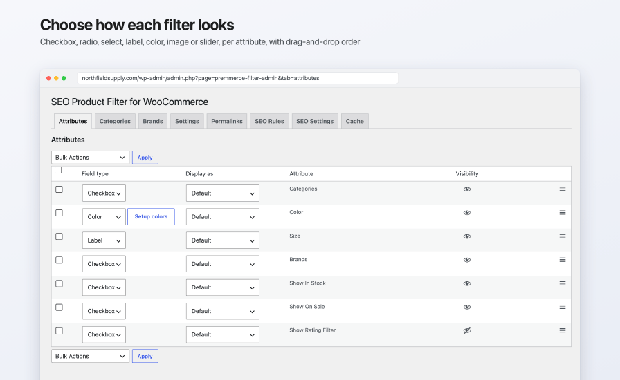Attributes tab setting the field type, Display as option, and visibility of the Categories, Color, Size, Brands, In Stock, On Sale, and Rating filters, with a Setup colors button on the Color row