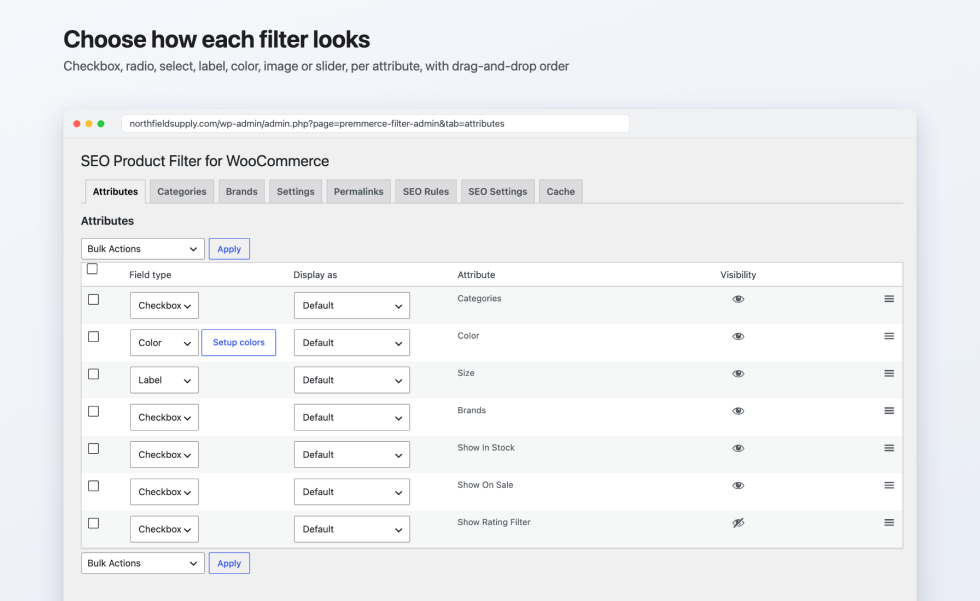 Attributes tab setting the field type, Display as option, and visibility of the Categories, Color, Size, Brands, In Stock, On Sale, and Rating filters, with a Setup colors button on the Color row