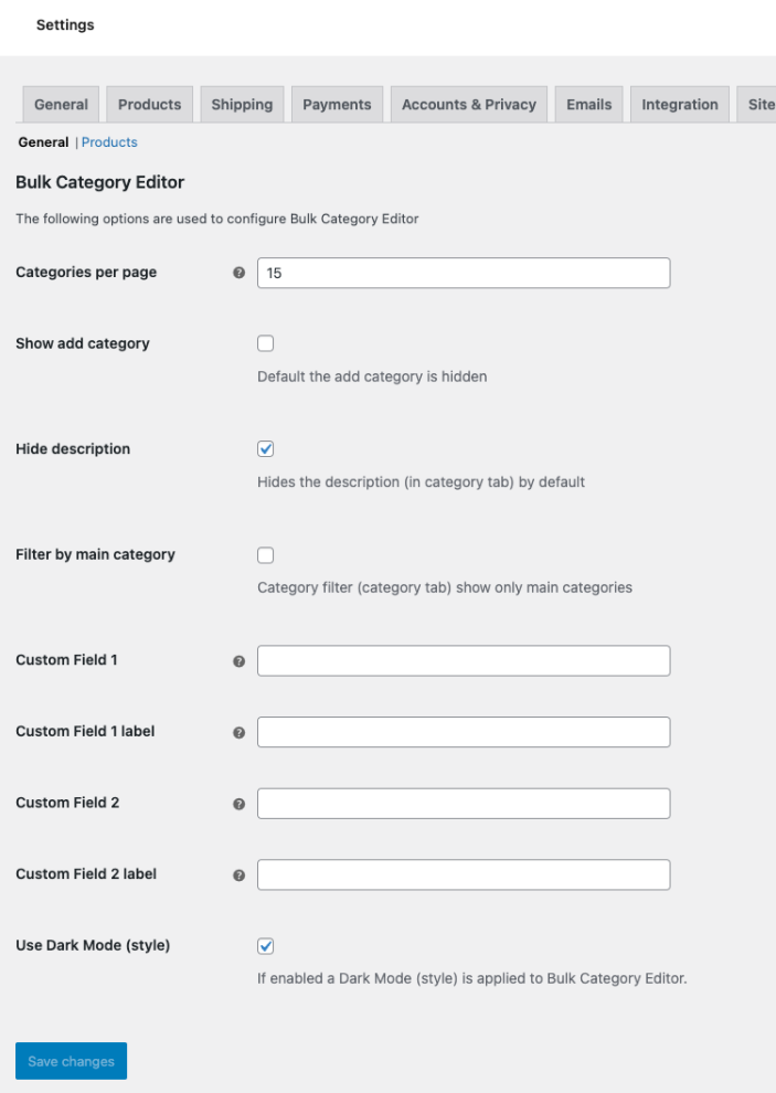 Bulk Category Editor - settings general