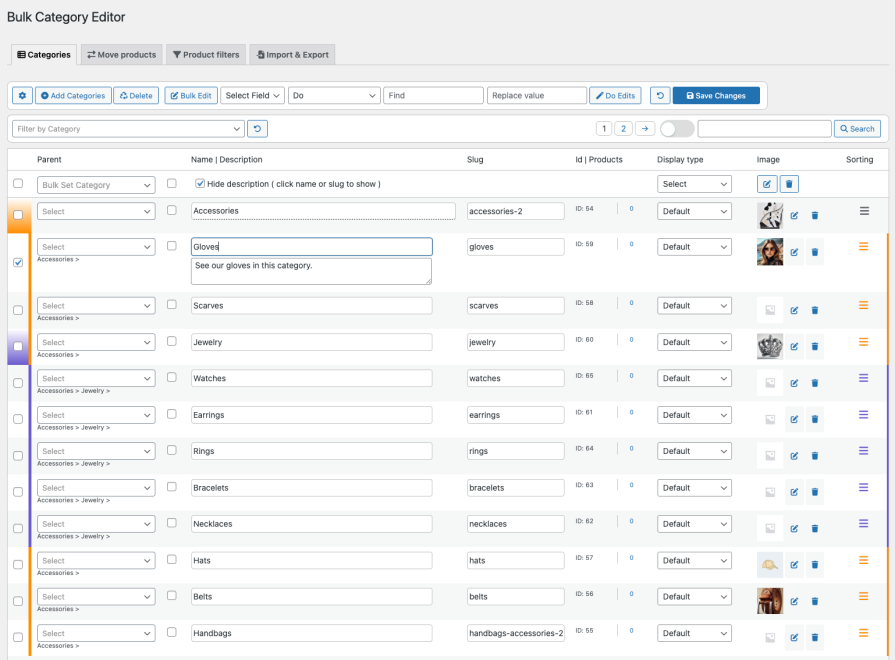 Bulk Category Editor - categories tab