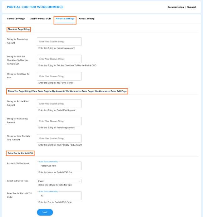 Advanced setting for partial payment